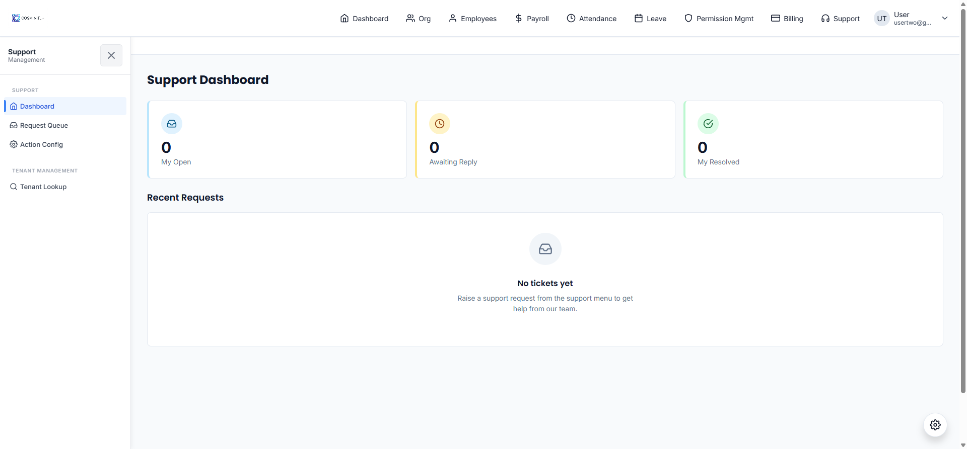 Quantyug HRMS dashboard showing headcount, attendance, leave balances and payroll status at a glance