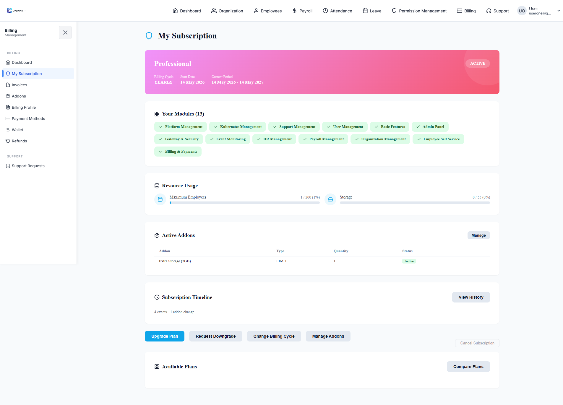 Quantyug HRMS subscription and billing view showing plan, addons, invoices and wallet